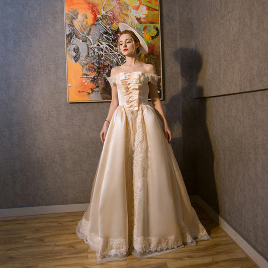Women‘s Retro Costume Champagne Rococo Royal Princess Costume Off The Shoulder Satin Dress