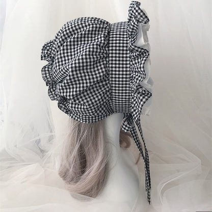 Vintage Lolita Plaid Bonnet Cap Tea Parties Maid Hat Christmas Cosplay Bonnet