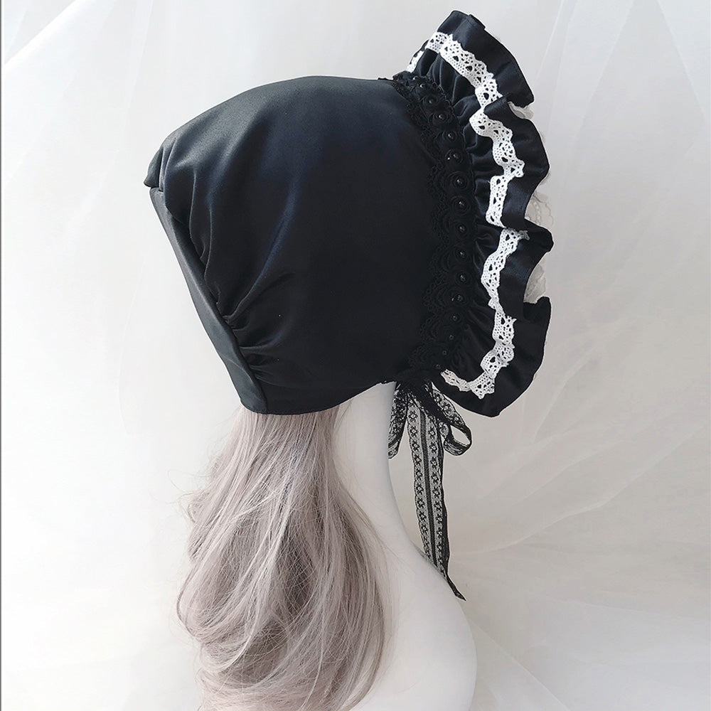 Medieval Vintage Black Lolita Bonnet Cap Girls Pumpkin Cap Maid Hat Halloween Cosplay Bonnet