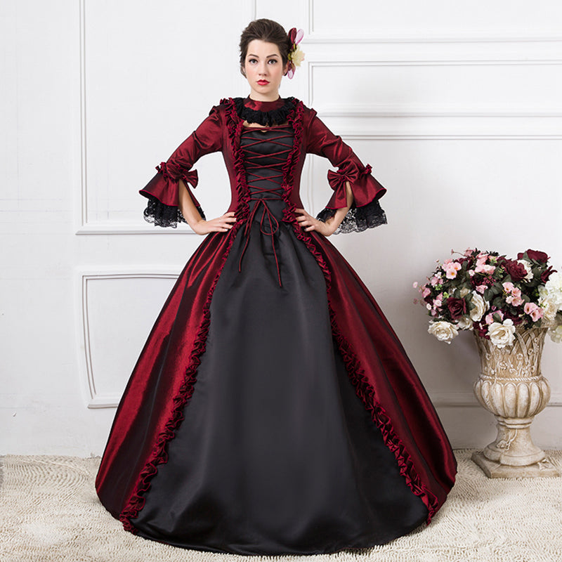 Dark Red Victorian era Clothing Half Sleeves Ball Gown Retro Costumes Dress Halloween