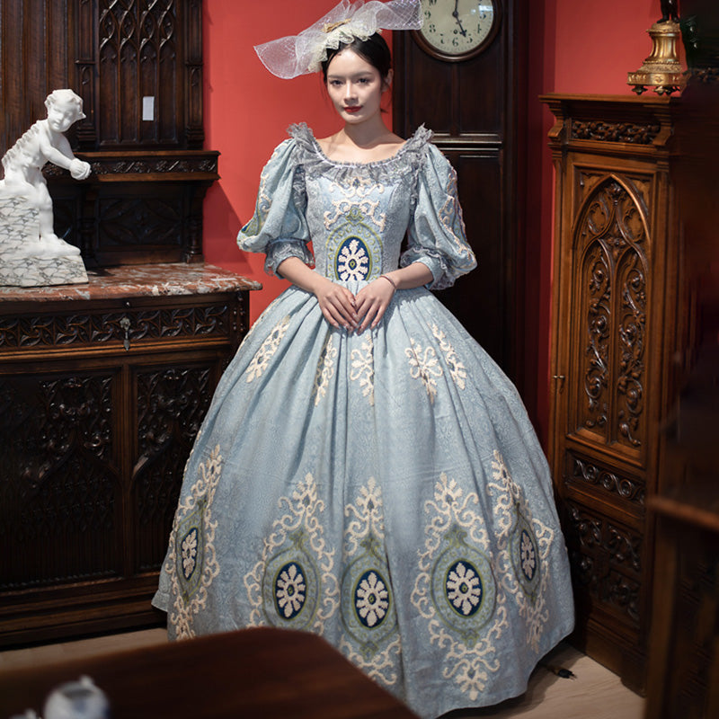Women's Rococo Ball Gown Gothic Victorian Dress Blue Flower Costume