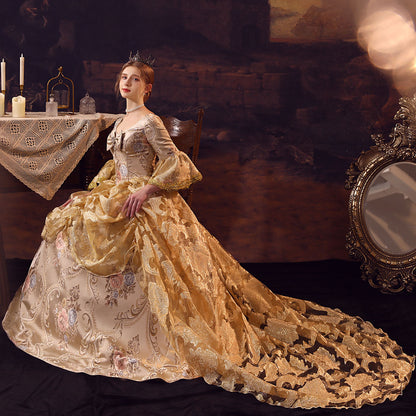 Champagne 18th Century Historical Inspired Masqurade Ball Gown with Long Trailing Theater Clothing