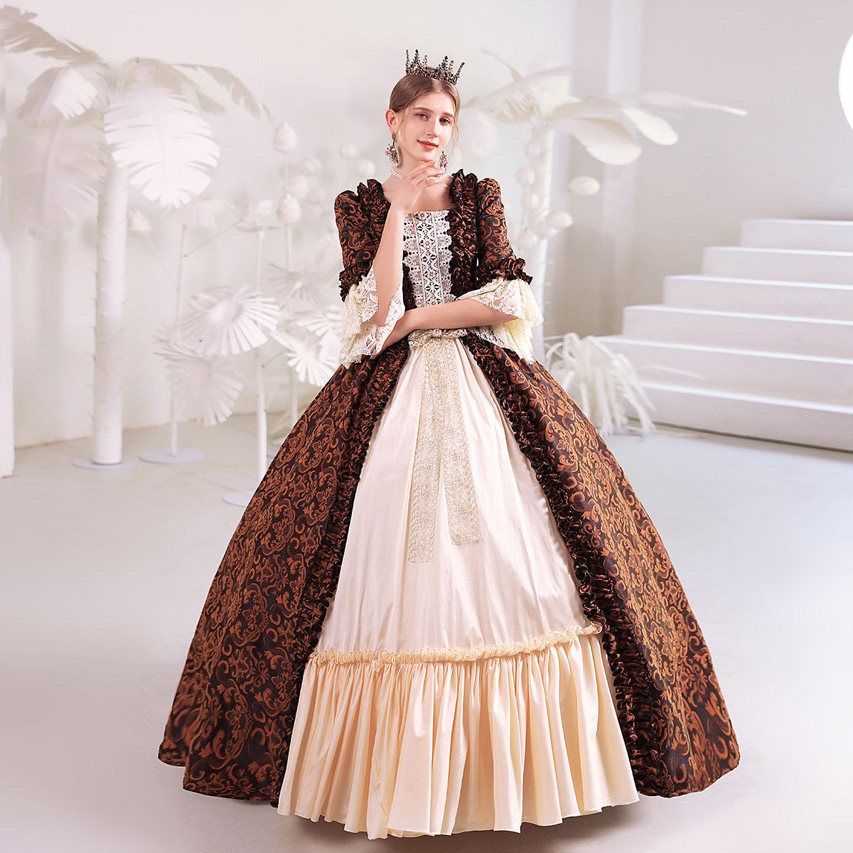 Renaissance Vintage Coffee Floral Jacquard Gothic Victorian Dress Theater Costume