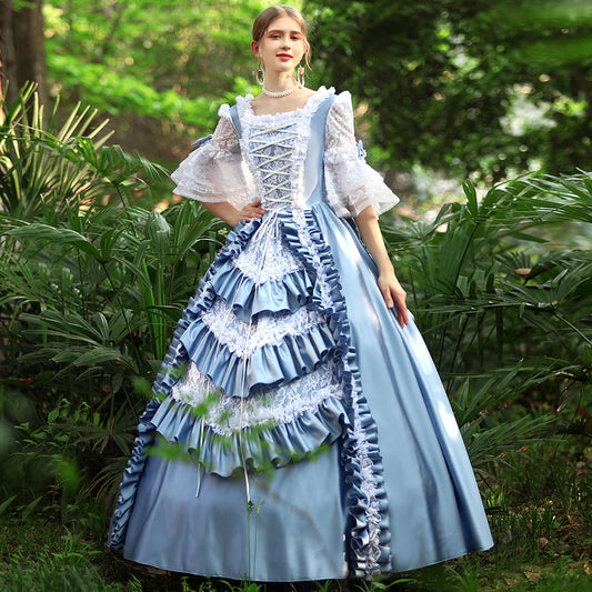 Blue Historical Victorian Ball Gown Women Masquerade Dress Theater Costume
