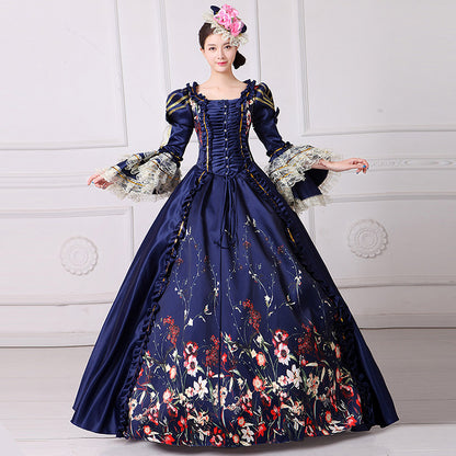 Dark Blue Lace Printed Dress Civil War Southern Belle Gown Women Reenactment Clothing