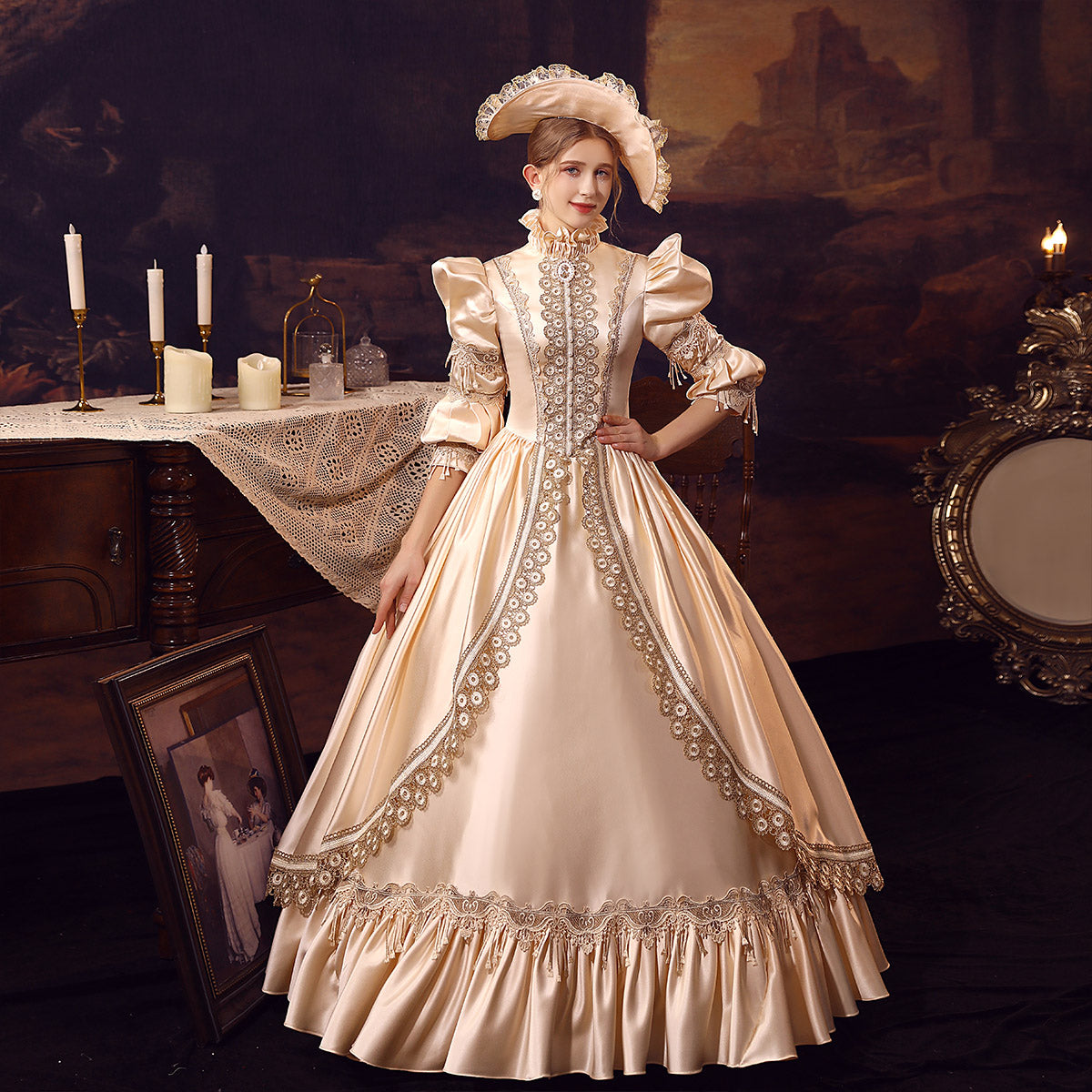 Rococo Baroque Champagne Lace Masquerade Prom Dress