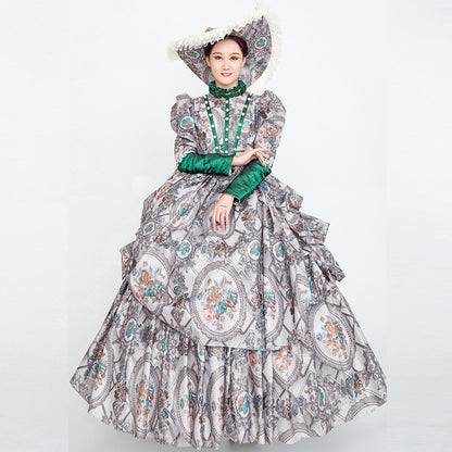 Gray Floral Vintage Court Party Dress Historical Period Reenactment Theater Costume