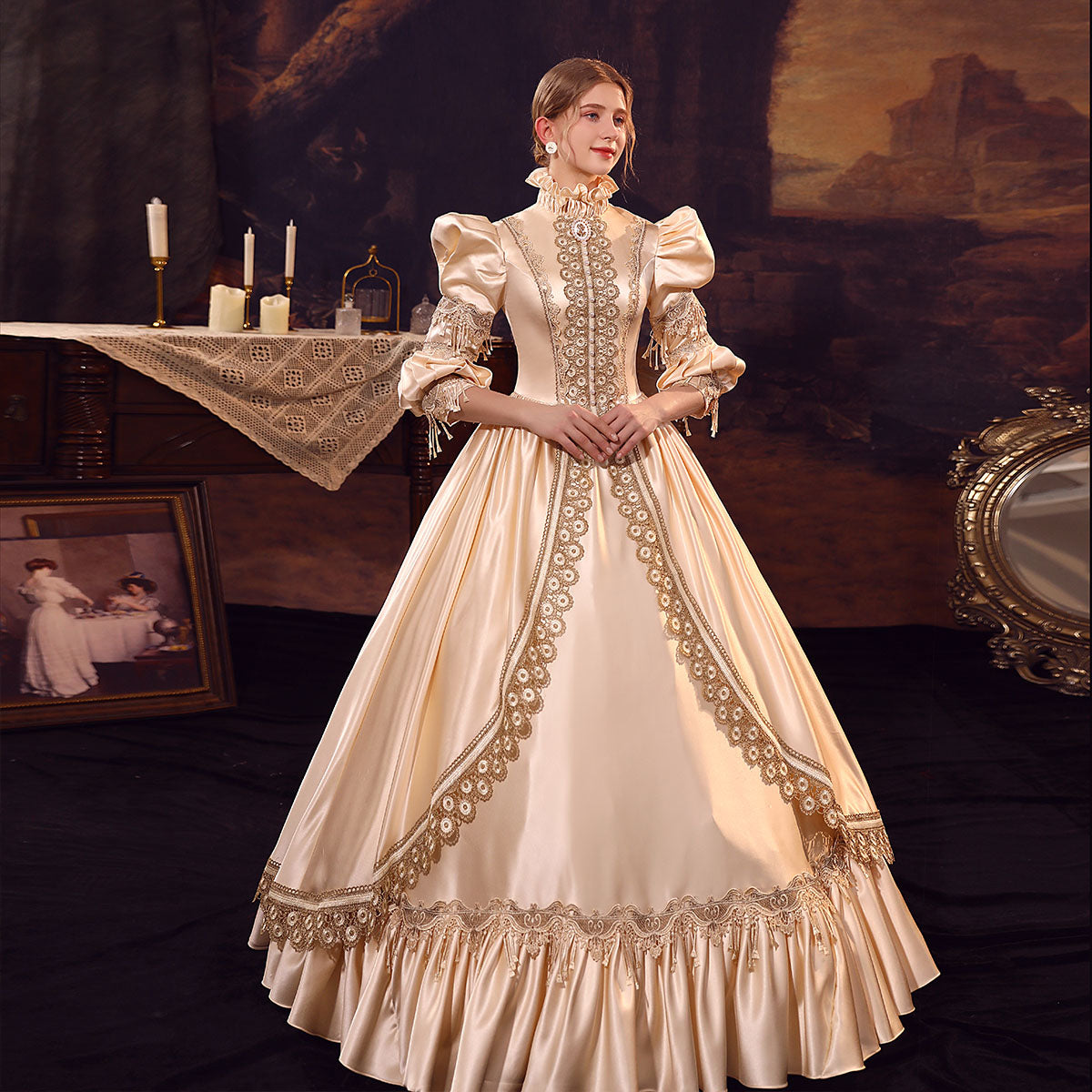 Rococo Baroque Champagne Lace Masquerade Prom Dress