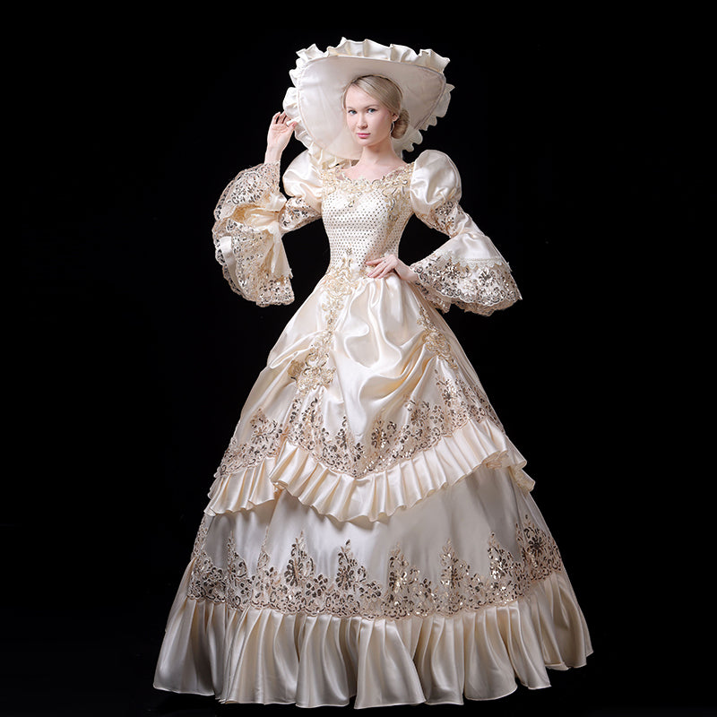 Champagne White Antique Marie Antoinette Dress Victorian Stage Gown Carnivale Parade Costume