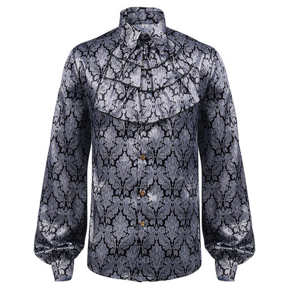 Gray Vintage Top Renaissance Pleated Floral Print Long Sleeves Shirt Retro Costumes For Man