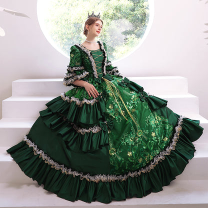 Renaissance Rococo Green Sequins Dress Women Baroque Ball Gown Theater Clothing