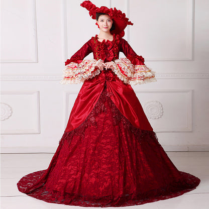 Christmas Fantasy Burgundy Gown Queen with Train Reenactment Costume