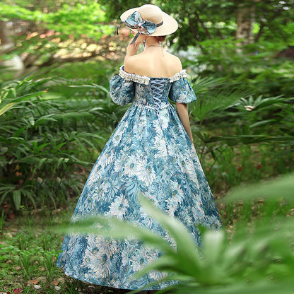 Blue Floral Pattern Colonial Pioneer Victorian Prairie Dress Off the Shoulder Ball Gown
