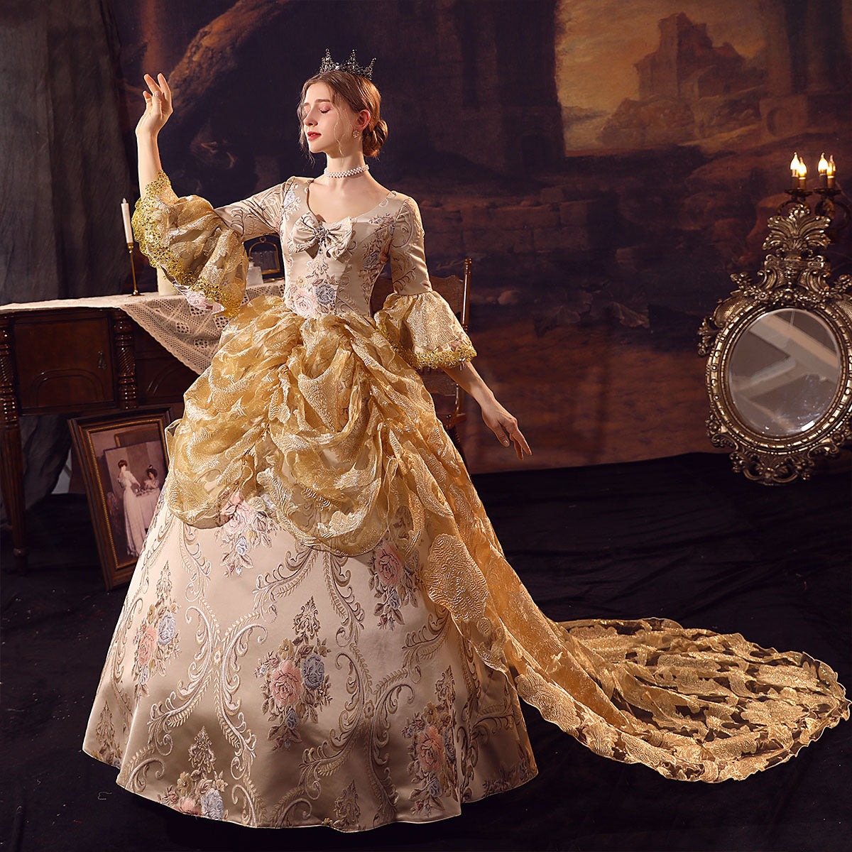 Champagne 18th Century Historical Inspired Masqurade Ball Gown with Long Trailing Theater Clothing