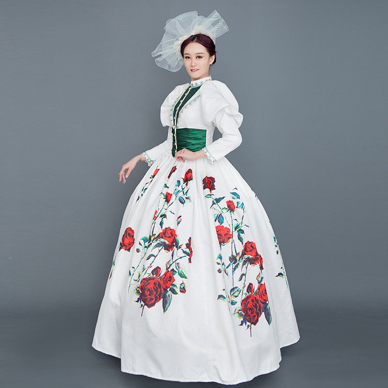 White Floral Marie Antoinette Dress Vintage Singer Clothing Reenactment Costume