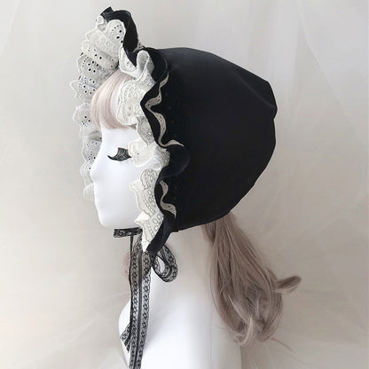 Medieval Vintage Black Lolita Bonnet Cap Girls Pumpkin Cap Maid Hat Halloween Cosplay Bonnet