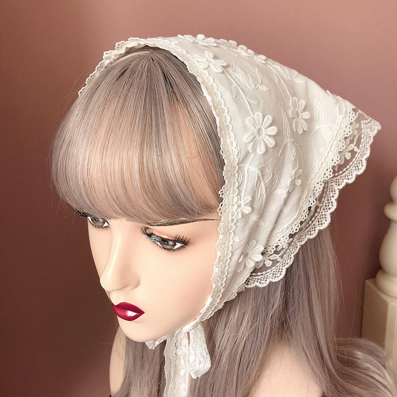 90s Bandana Triangle Headscarf Vintage Lace Boho Headwrap Hand embroidery Kerchief