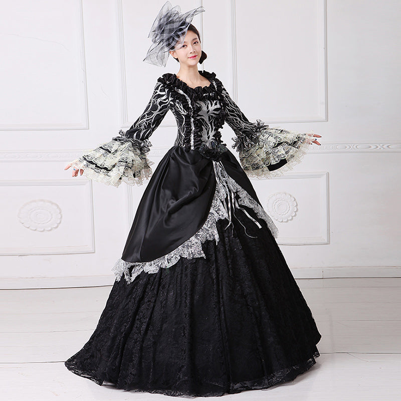 Black Printed Dress 18th Century Civil War Ball Gown With Train Theatre Costume