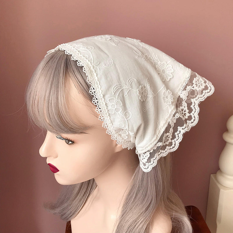 Vintage Lace Triangle Headscarf Medieval Headwrap Hand embroidery Kerchief