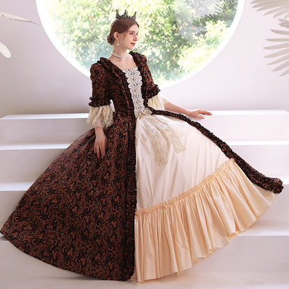 Renaissance Vintage Coffee Floral Jacquard Gothic Victorian Dress Theater Costume