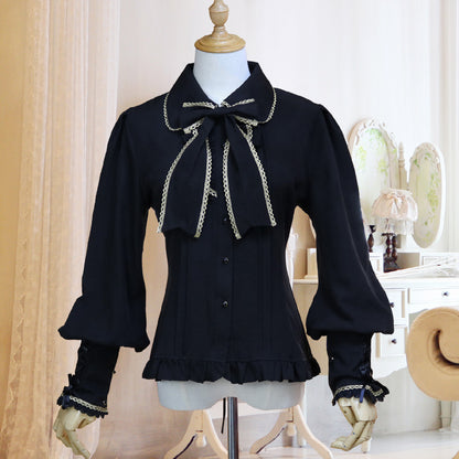 Women's Long Sleeve Bow Lolita Chiffon Shirt Office Vintage Gothic Slim Inside Bandage Blouse