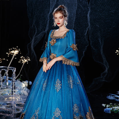 Blue Embroidery Queen Marie Antoinette Ball Gown Theatre Cinderella Dress