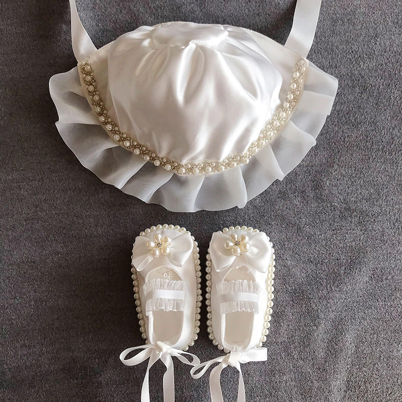 Baby Lace Hat Toddler White Princess Shoes Girl Maid Caps Newborn Photoshoot Birthday Gown