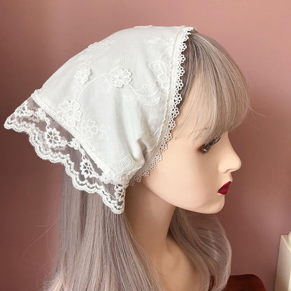 Vintage Lace Triangle Headscarf Medieval Headwrap Hand embroidery Kerchief