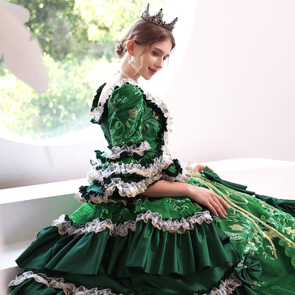 Renaissance Rococo Green Sequins Dress Women Baroque Ball Gown Theater Clothing