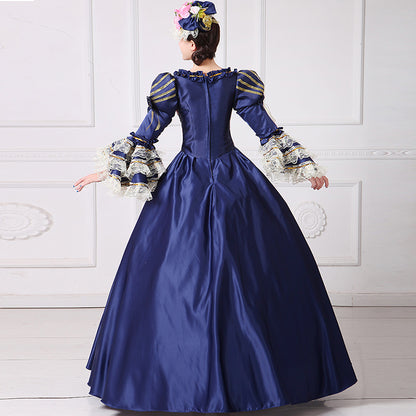 Dark Blue Lace Printed Dress Civil War Southern Belle Gown Women Reenactment Clothing