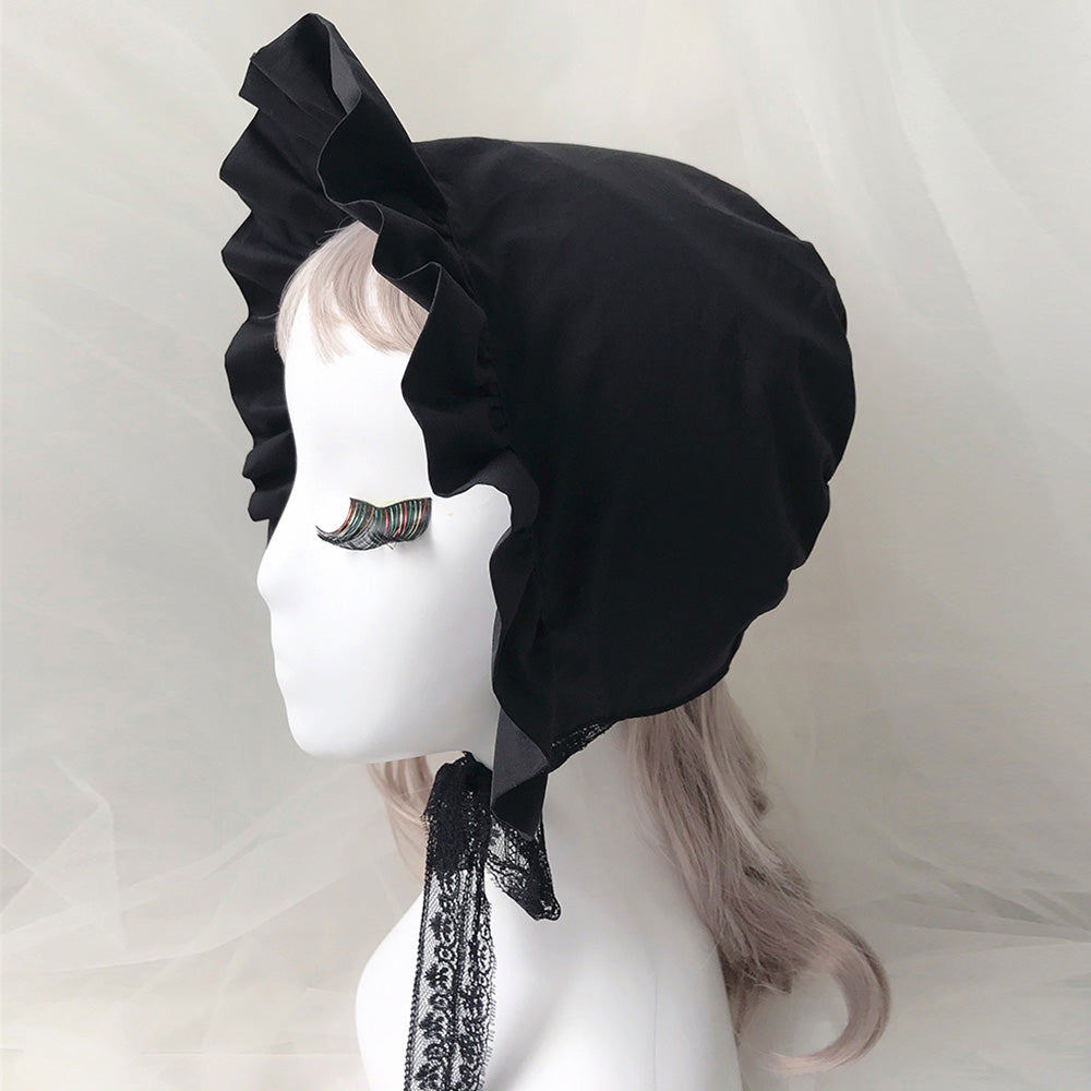100% Black Cotton Women Sleeping Hat Christmas Elf Lolita Bonnet Medium Maid Hat