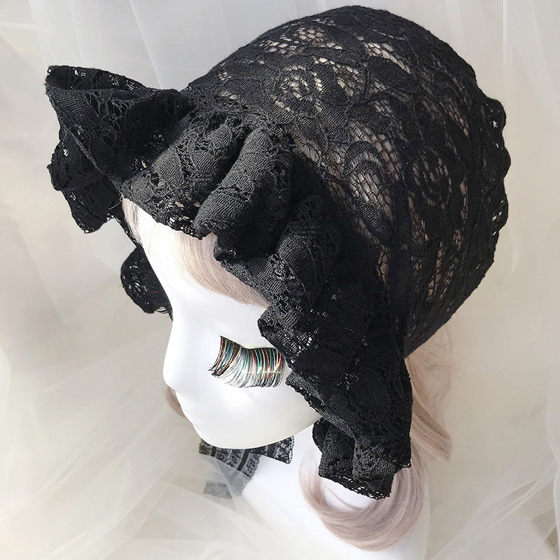 Lolita Cap Maid Cosplay Vintage Lace Bonnet Ruffled Hat Women Girls Pumpkin Cap Lace-up Adjustable Hat