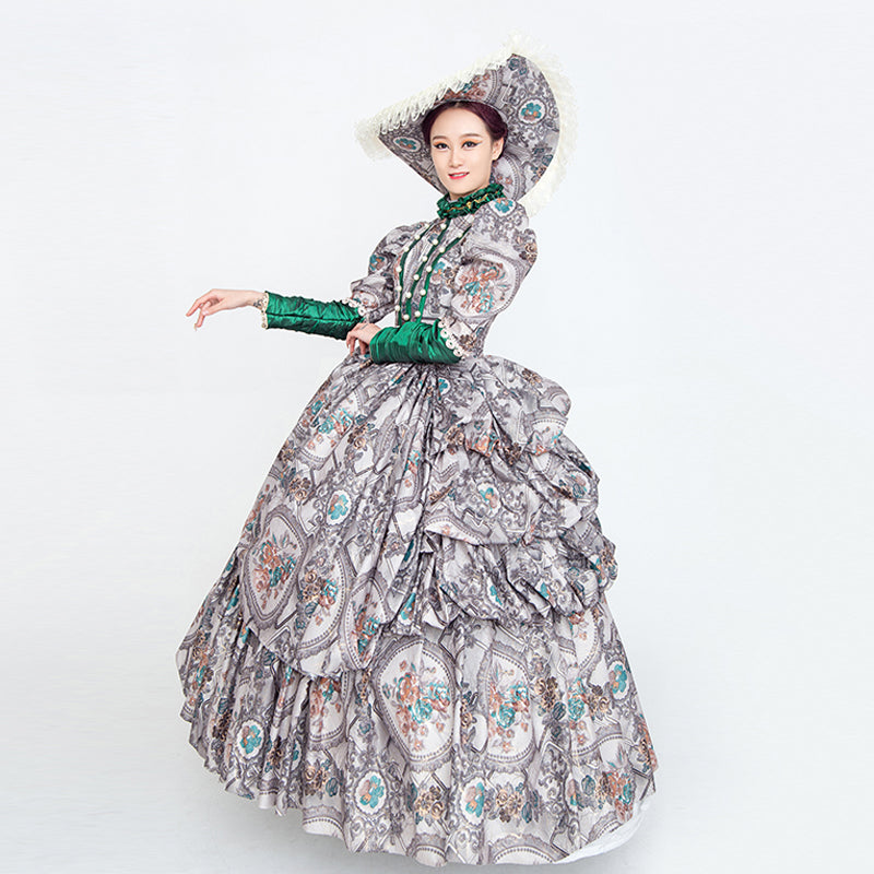 Gray Floral Vintage Court Party Dress Historical Period Reenactment Theater Costume