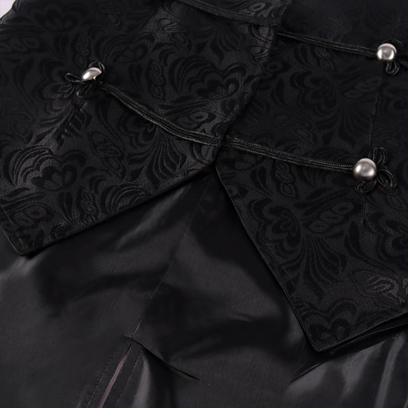 Medieval Men's Masquerade Long Vest Victorian Black Jacquard Brocade Waistcoat