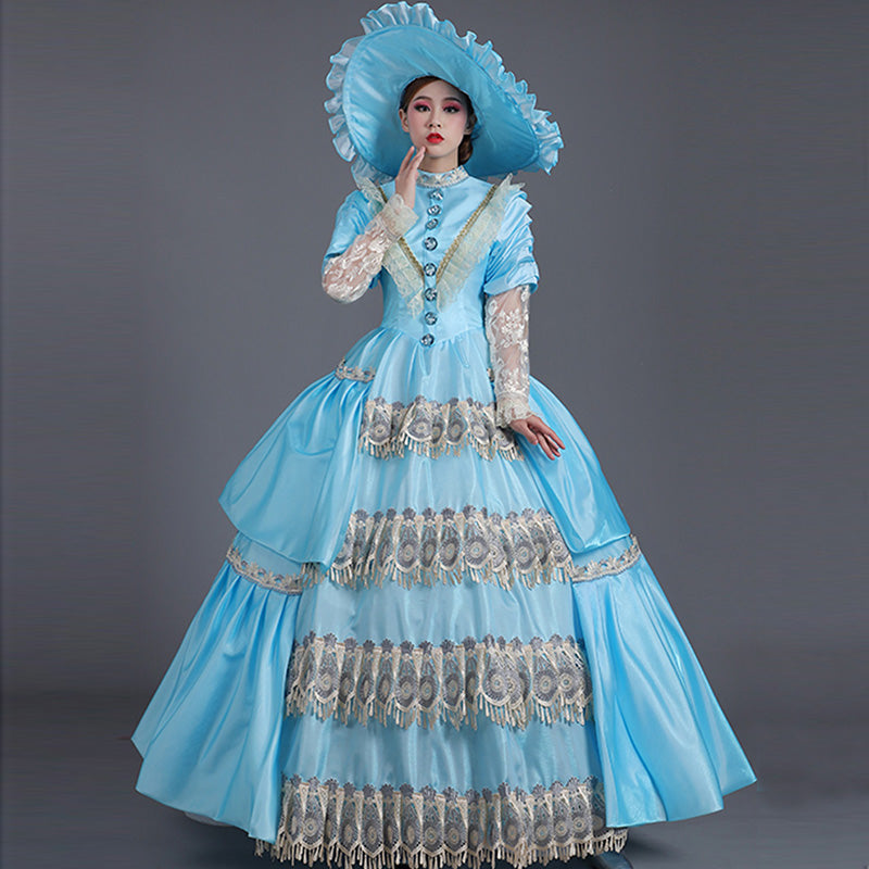 Blue Floral Lace Bow Long Sleeve Ball Gowns Renaissance Victorian Dress