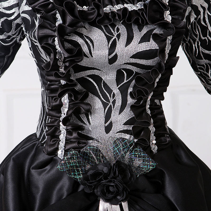 Black Printed Dress 18th Century Civil War Ball Gown With Train Theatre Costume