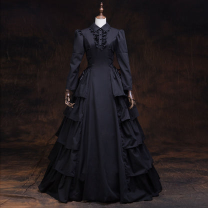 Black Cotton Victorian Gothic Girl Steampunk Maid Dress Historical Period Theater Costume
