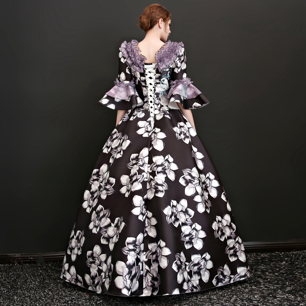 Victorian Printed Princess Party Dress Marie Antoinette Masquerade Gown Theatrical Costume