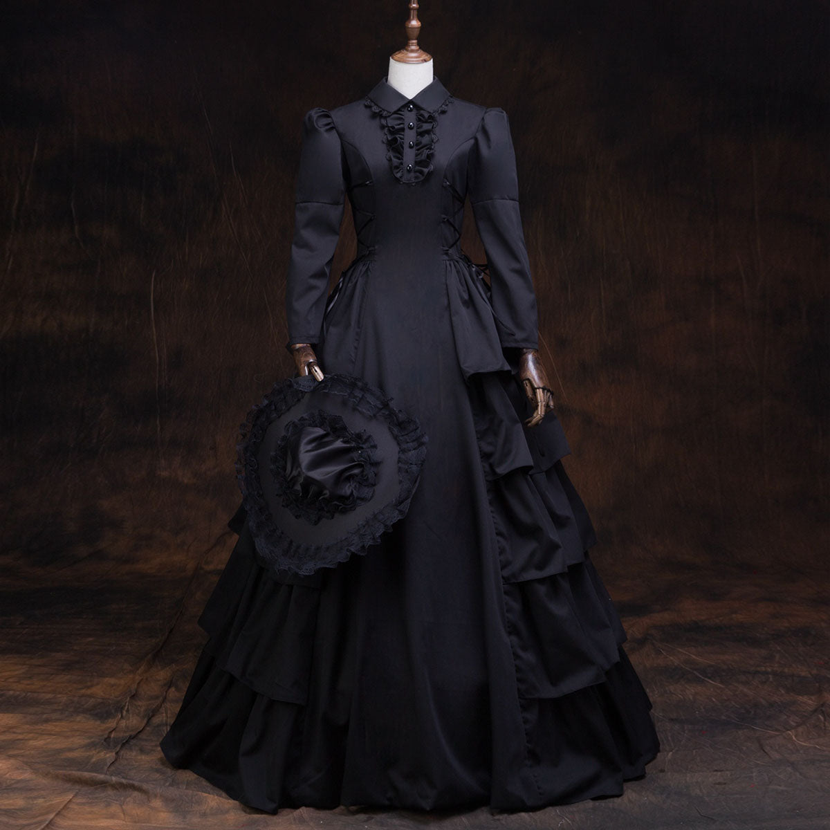 Black Cotton Victorian Gothic Girl Steampunk Maid Dress Historical Period Theater Costume